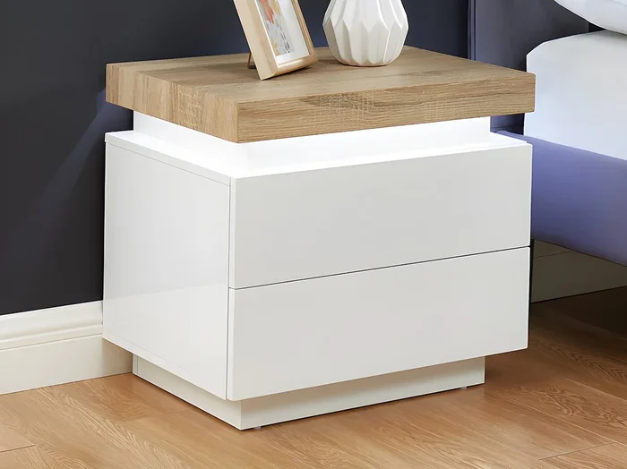 Conjunto de 2 mesitas de noche – 2 cajones – MDF Lacado – Con LEDs – Color Blanco y roble – HALO II