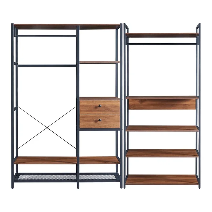Conjunto de 2 percheros Larem con 2 cajones y 5 estantes – Negro/Efecto Nogal [en.casa]