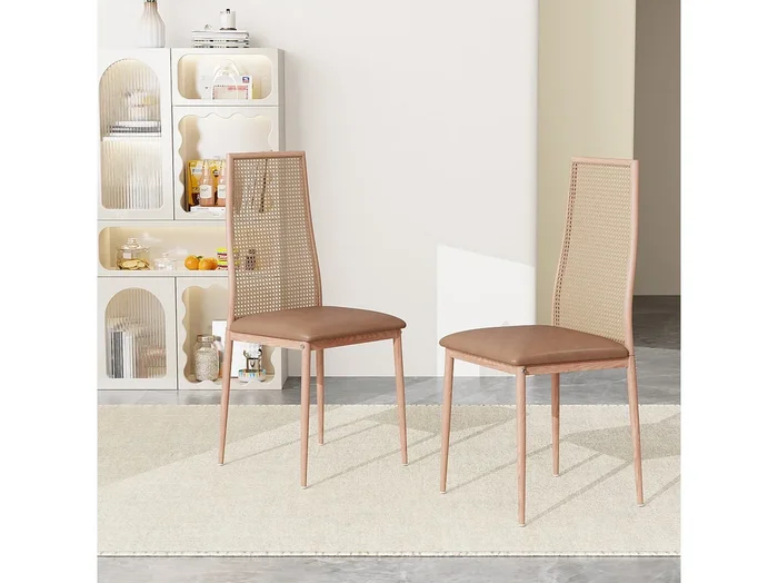Conjunto de 2 piezas, silla de ratán, silla de comedor con respaldo alto, ratán sintético de imitación PE, color madera