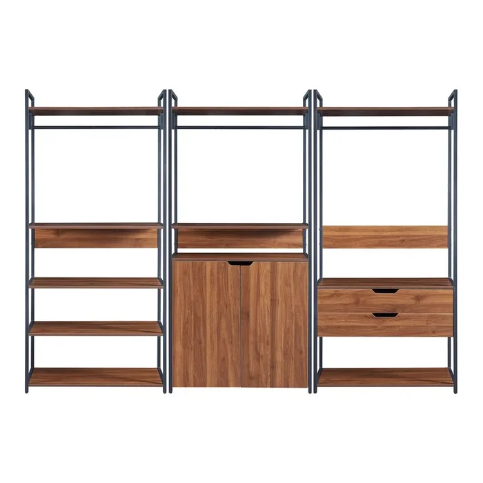 Conjunto de 3 percheros Larem con 1 compartimento cerrado 2 cajones y 9 estantes – Negro/Efecto Nogal [en.casa]