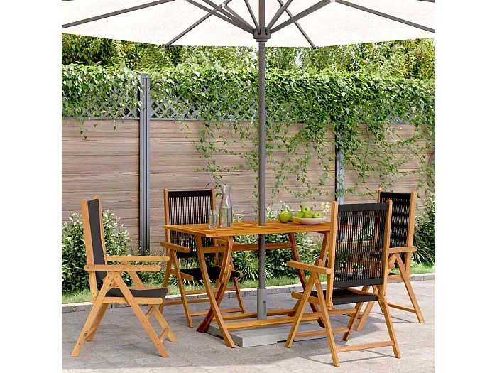 Conjunto de 4 sillas de jardín reclinables, color negro, madera maciza de acacia.