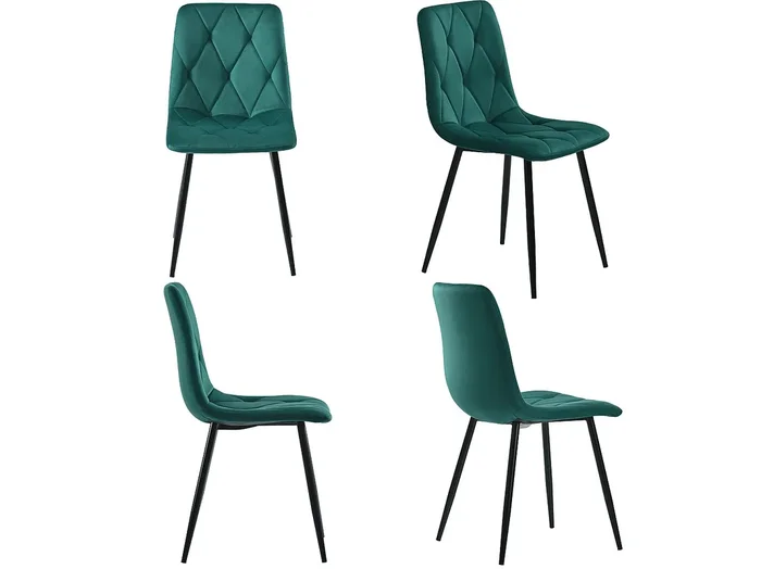 Conjunto de 4 sillas de terciopelo – estructura de metal – Motivo de rombos – verde