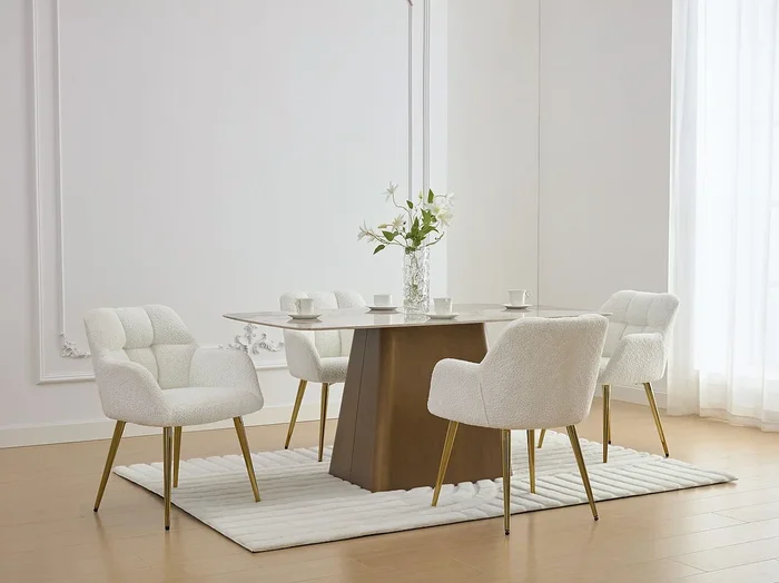 Conjunto de 6 sillas con reposabrazos – Tela de bouclé y metal dorado – Blanco – PEGA de Pascal MORABITO