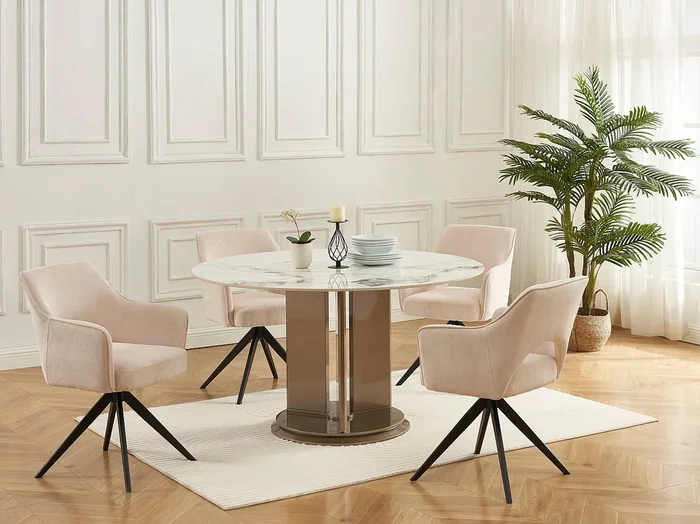 Conjunto de 6 sillas giratorias con reposabrazos de terciopelo acanalado y metal negro – Crema – KONYA