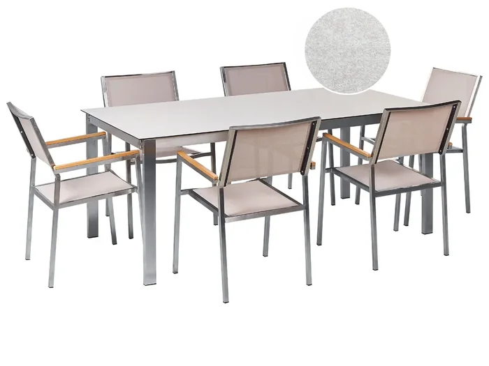 Conjunto de comedor exterior 6 plazas COSOLETO/GROSSETO Vidrio templado Efecto mármol Blanco/Beige