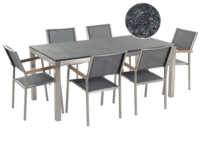 Conjunto de comedor exterior 6 plazas GROSSETO Granito Flameado Negro/Gris