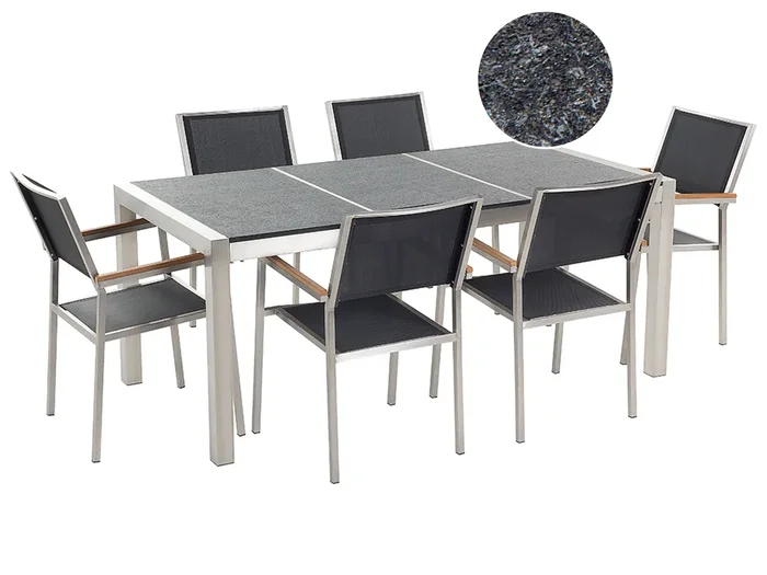Conjunto de comedor exterior 6 plazas GROSSETO Placa triple Granito Flameado Negro