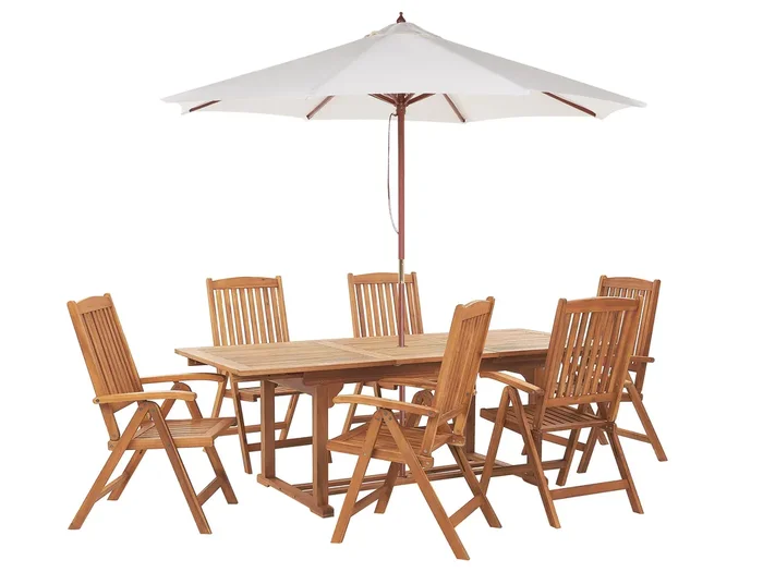 Conjunto de comedor exterior 6 plazas JAVA con sombrilla (12 opciones) Madera de acacia Marrón claro