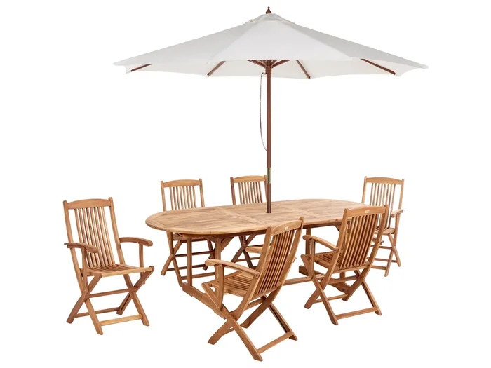 Conjunto de comedor exterior 6 plazas MAUI II con sombrilla (12 opciones) Madera de acacia Marrón claro