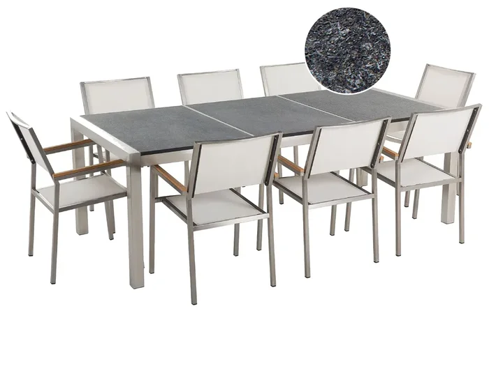 Conjunto de comedor exterior 8 plazas GROSSETO Placa triple Granito Flameado Negro/Blanco