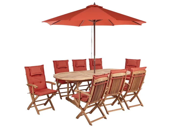 Conjunto de comedor exterior 8 plazas MAUI II con sombrilla Madera de acacia Rojo oscuro
