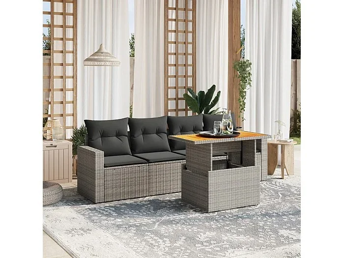 Conjunto de jardín con cojines 5 pzas ratán sintético gris ES789813
