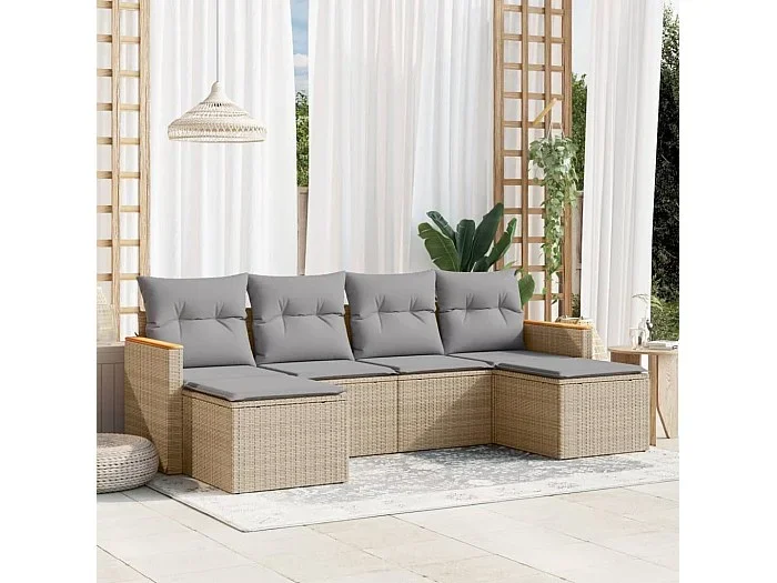 Conjunto de jardín con cojines beige mezcla 6 pzas ratán PE ES441290