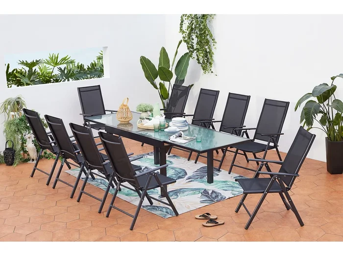 Conjunto de jardín de aluminio mesa extensible + 10 sillas textileno BRESCIA