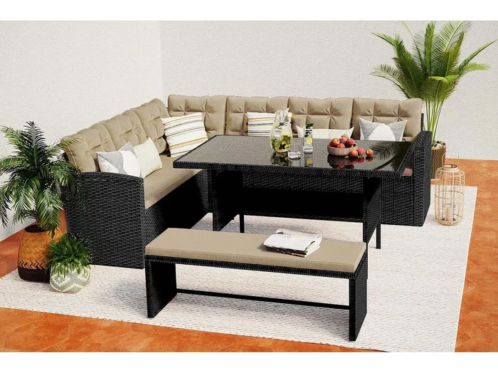 Conjunto de jardín esquinero 8 plazas en gris oscuro y crudo MOOREA