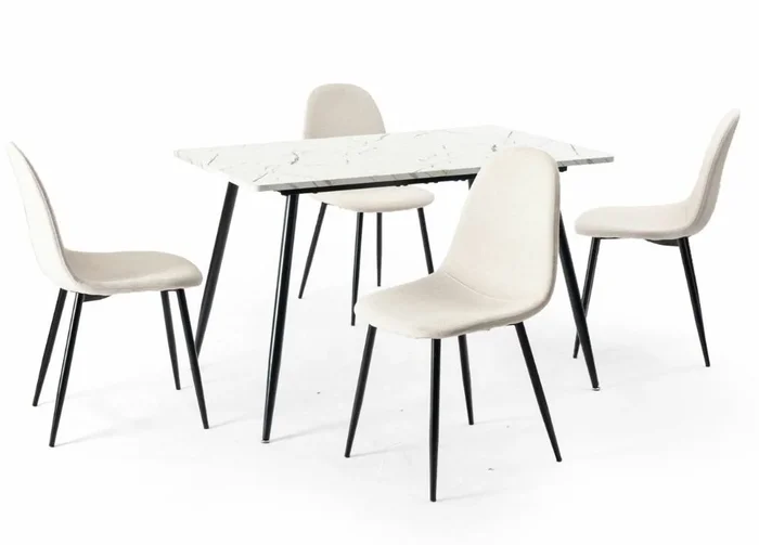 Conjunto de mesa efecto mármol blanco y 4 sillas escandinavas blanco roto MESA DE MÁRMOL BLANCO WHALEN 120 KD+TEJIDO CHARLTON PATA BEIGE NEGRA