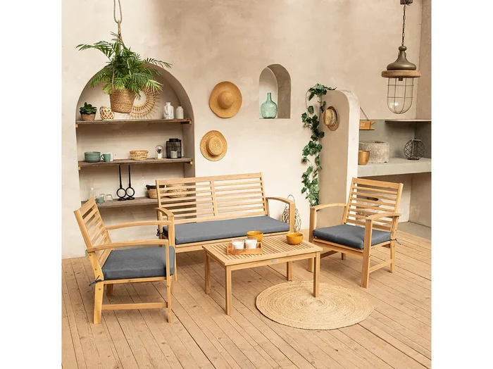 Conjunto de muebles de jardín acacia GOA de 4 plazas cojines grises