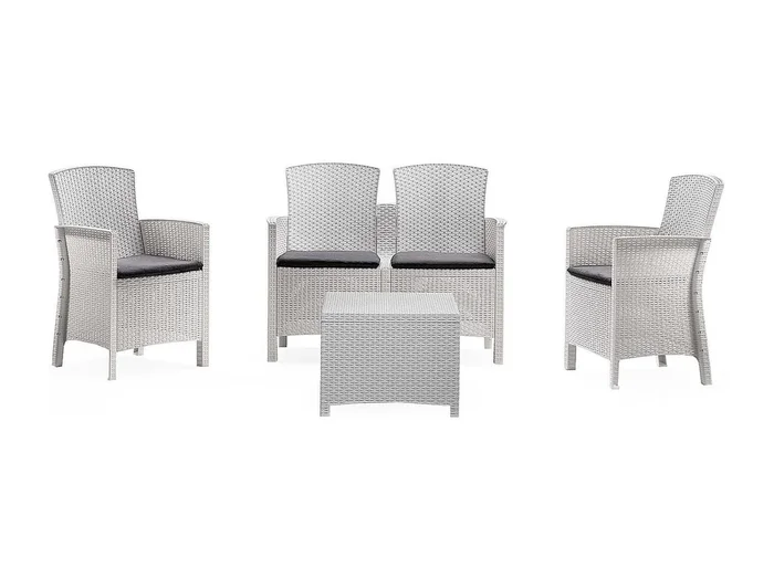 Conjunto de salón exterior Urano, Conjunto de jardín con cojines, Conjunto de salón interior efecto ratán, 100% Made in Italy, Blanco