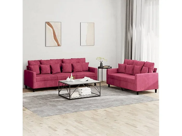 Conjunto de sofá de 2 piezas con cojines en terciopelo rojo burdeos