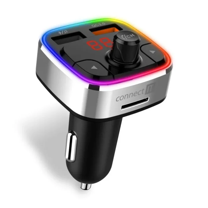 CONNECT IT CCC-9090-SL – LED RGB Transmisor FM para coche con función manos libres negro/plata