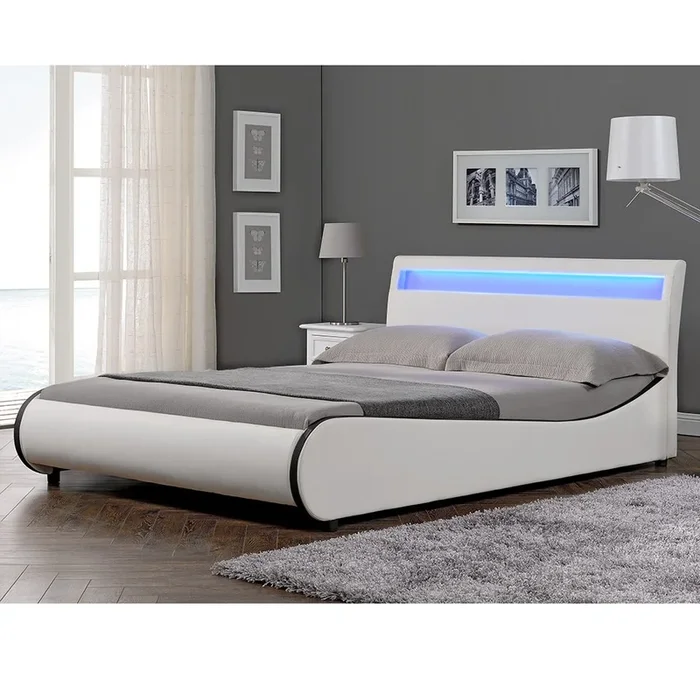 Corium Cama Doble (Valencia) tapizada en cuero sintético con LED – 180x200cm (blanco)