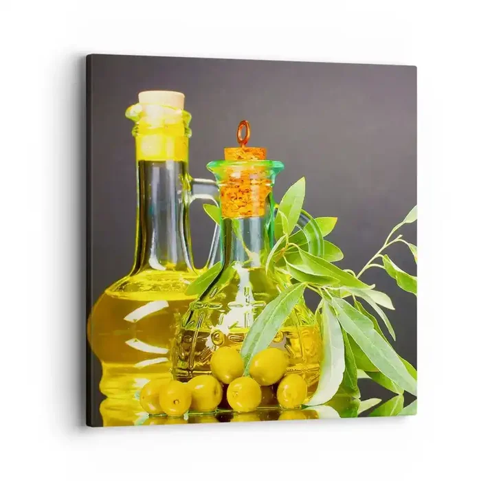 Cuadro sobre lienzo – Impresión de Imagen – Bodegón con aceitunas y aceite – 40×40 cm
