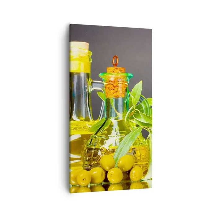 Cuadro sobre lienzo – Impresión de Imagen – Bodegón con aceitunas y aceite – 55×100 cm