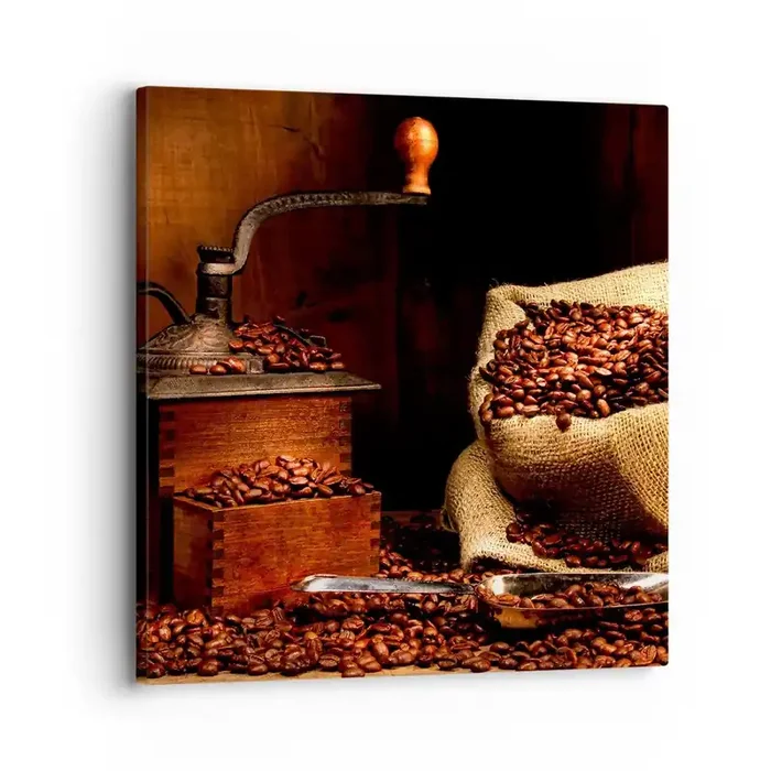 Cuadro sobre lienzo – Impresión de Imagen – Bodegón con granos de café y molinillo – 30×30 cm