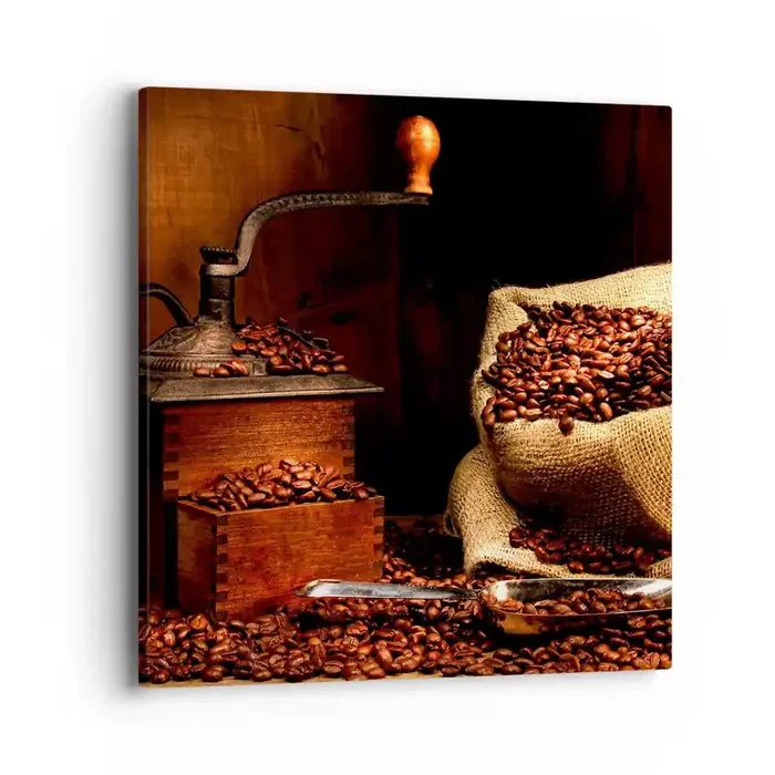 Cuadro sobre lienzo – Impresión de Imagen – Bodegón con granos de café y molinillo – 40×40 cm
