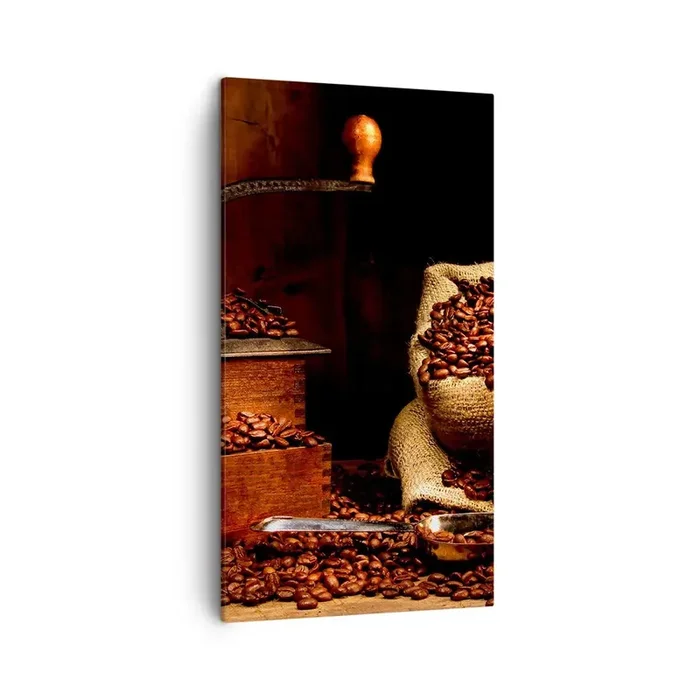 Cuadro sobre lienzo – Impresión de Imagen – Bodegón con granos de café y molinillo – 45×80 cm