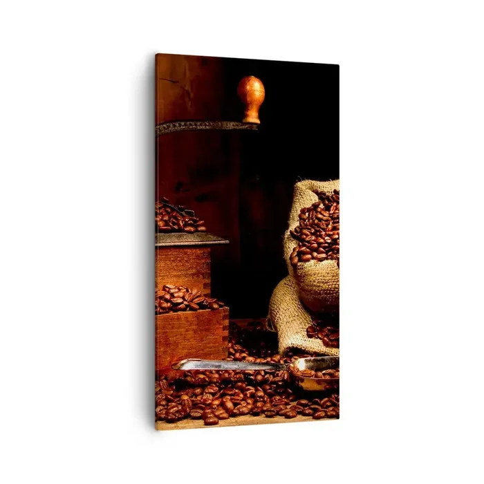 Cuadro sobre lienzo – Impresión de Imagen – Bodegón con granos de café y molinillo – 55×100 cm