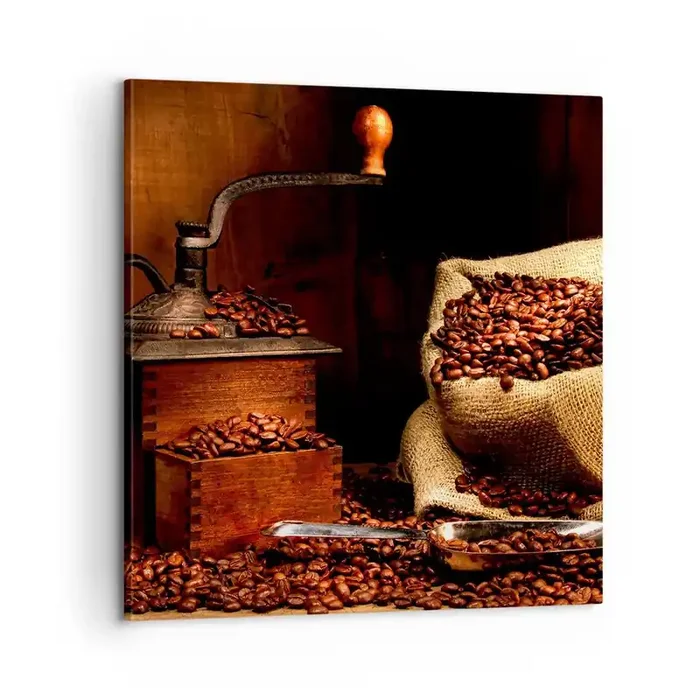 Cuadro sobre lienzo – Impresión de Imagen – Bodegón con granos de café y molinillo – 60×60 cm