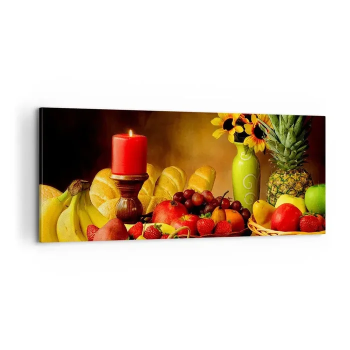 Cuadro sobre lienzo – Impresión de Imagen – Bodegón con pan y fruta – 100×40 cm
