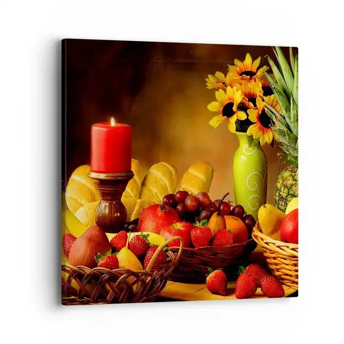 Cuadro sobre lienzo – Impresión de Imagen – Bodegón con pan y fruta – 40×40 cm