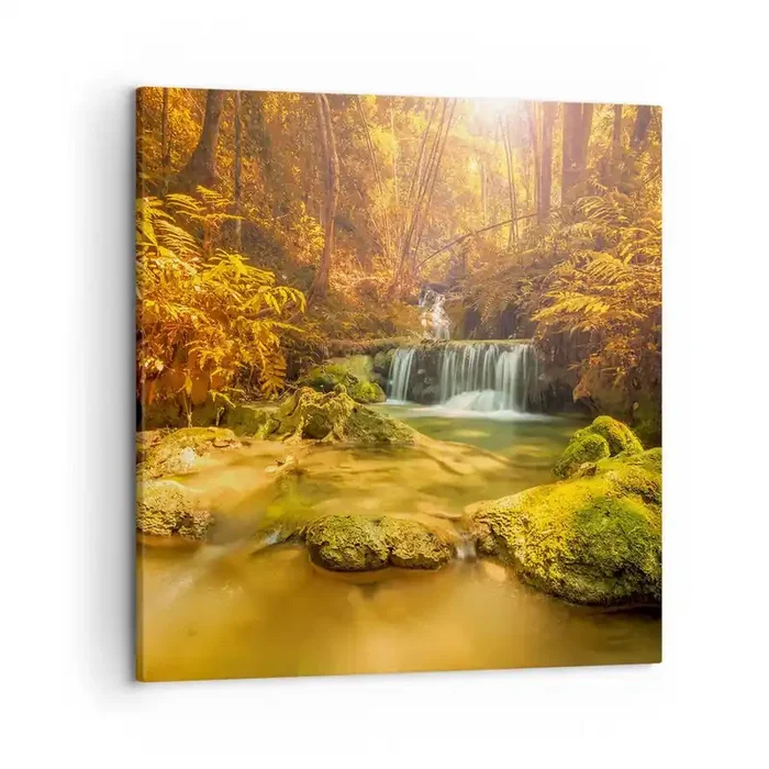Cuadro sobre lienzo – Impresión de Imagen – Cascada forestal en oro – 50×50 cm