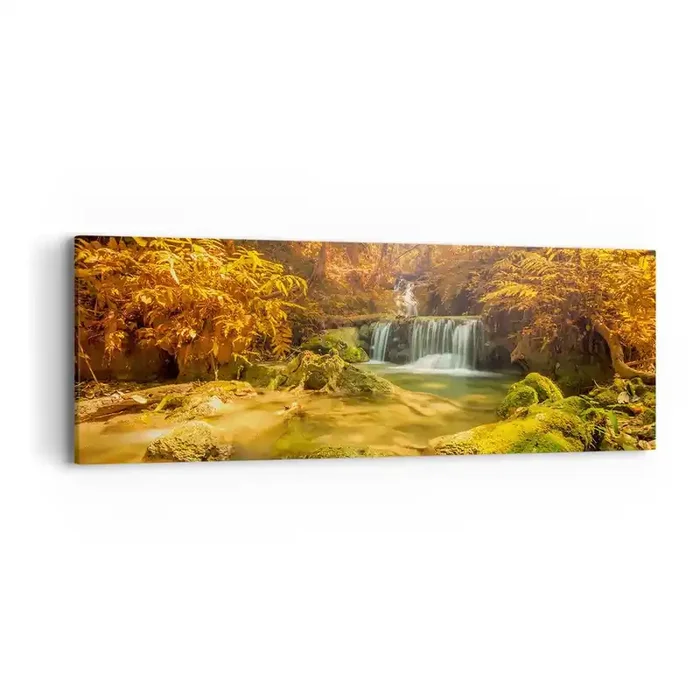 Cuadro sobre lienzo – Impresión de Imagen – Cascada forestal en oro – 90×30 cm