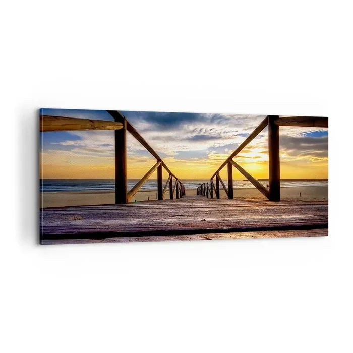 Cuadro sobre lienzo – Impresión de Imagen – Directamente hacia una playa tranquila al atardecer – 100×40 cm