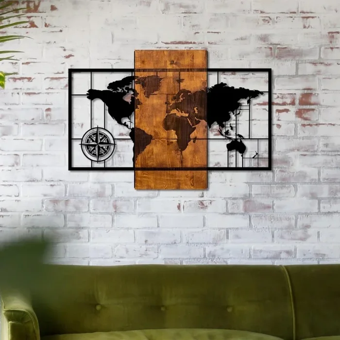 Decoración de pared 58×85 cm mapa madera/metal