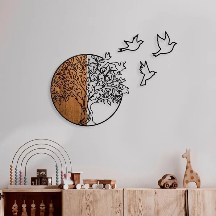 Decoración de pared 60×56 cm árbol y pájaros madera/metal