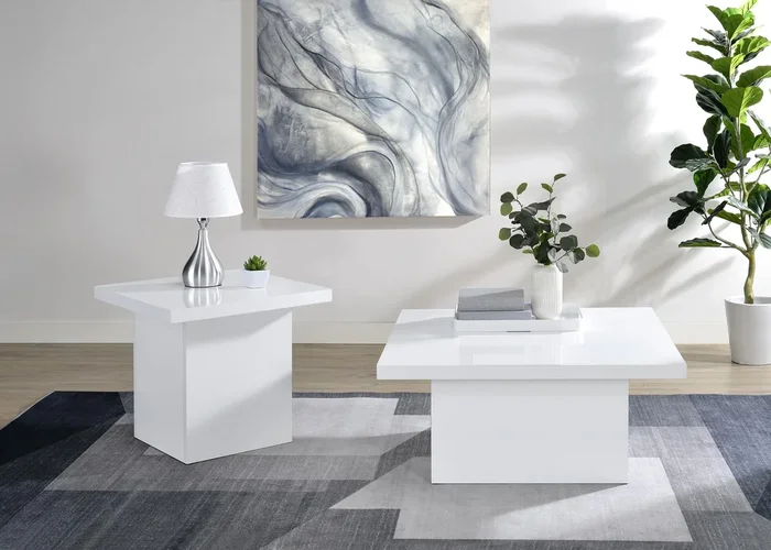 Devar White High Gloss 2-Piece Square Coffee End Table Set