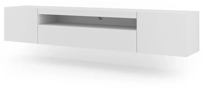 El soporte de TV AURA de estilo moderno. Mide 42x200x37 cm e incluye 4 estantes y 3 puertas