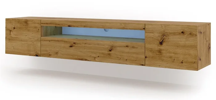 El soporte de TV AURA un estilo moderno. Mide 42x200x37 cm e incluye 4 estantes y 3 puertas.