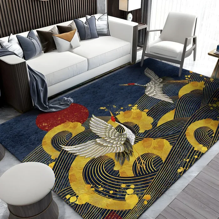 Estilo Asia Alfombra Lavable con Patrón de Planta Oriental Tapete Sintético Multicolor para Salón – Azul oscuro 200 x 260 cm