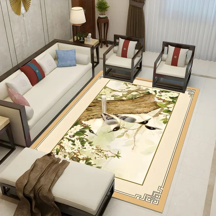 Estilo Asia Alfombra Lavable con Patrón de Planta Oriental Tapete Sintético Multicolor para Salón – Amarillo claro 140 x 200 cm