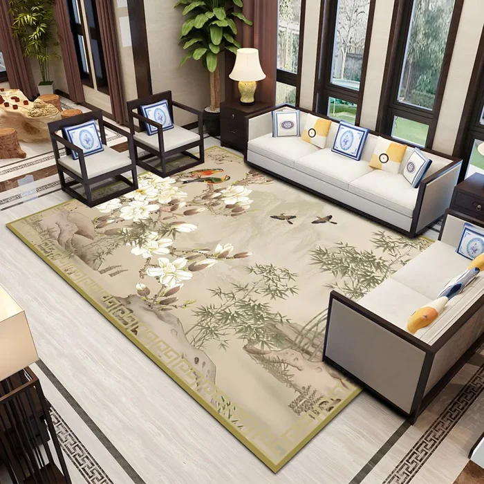 Estilo Asia Alfombra Lavable con Patrón de Planta Oriental Tapete Sintético Multicolor para Salón