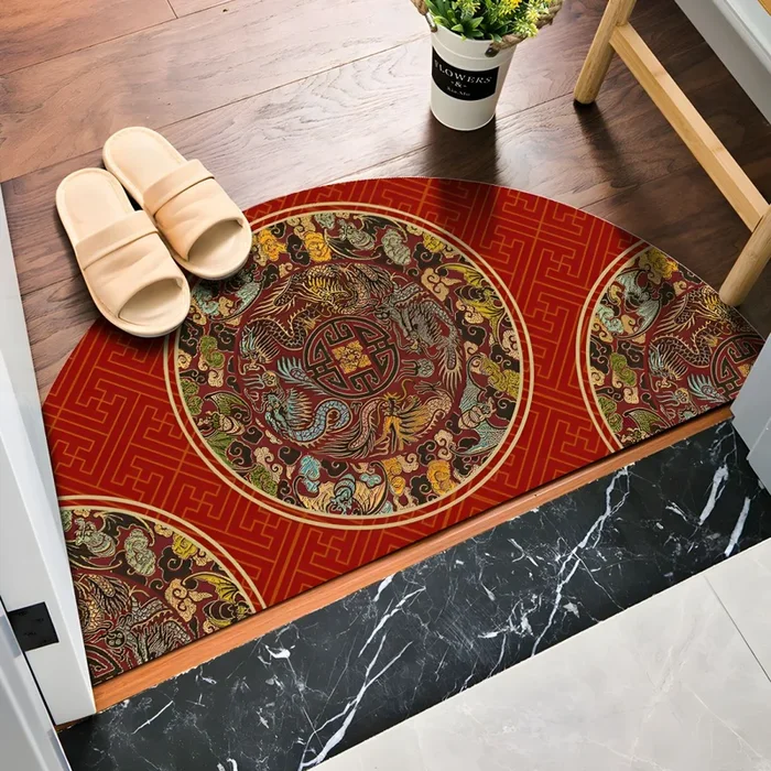 Estilo Asia Alfombra Semicircular de Polipropileno Multicolor Tapiz Lavable con Patrón Oriental para Salón – Rojo oscuro 80 x 160 cm