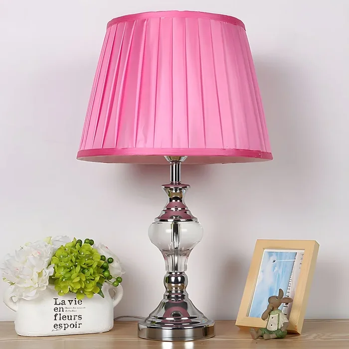 Estilo Europeo Lámpara de Mesa de Cristal Transparente Forma de Florero Iluminación de Noche con Pantalla Rosa de Tela – 220 A 240 V Rojo rosado