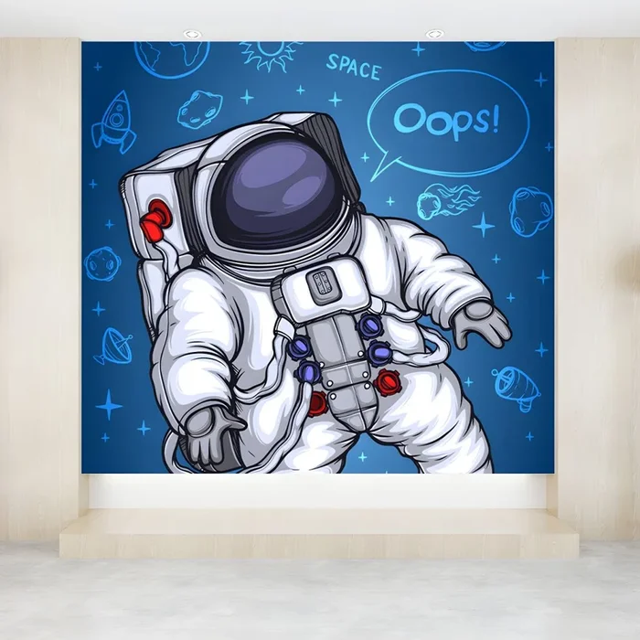 Estilo Infantil Mural de Revestimiento de Paredes no Tejido en Gran Tamaño Arte Mural con Dibujo de Astronauta para Sala – Azul claro 312 x 221 cm
