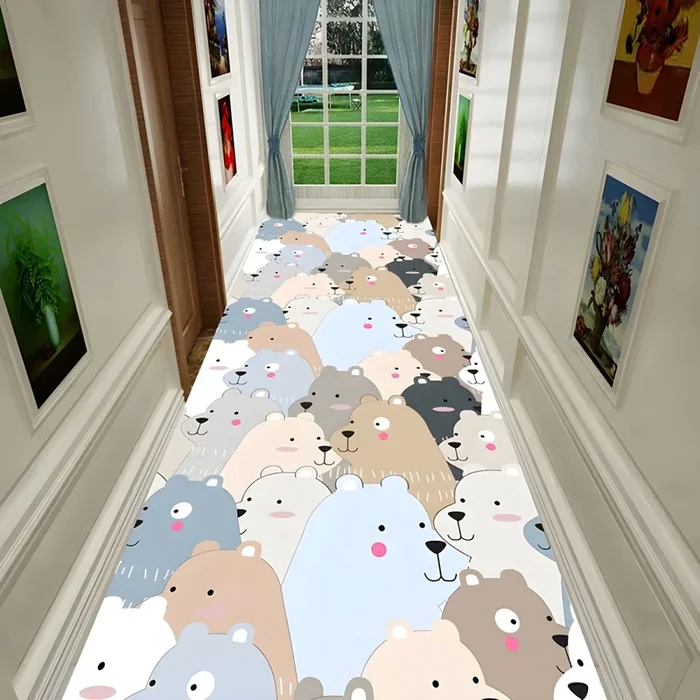 Estilo Infantil Tapete de Poliéster con Patrón de Animales Alfombra Multicolor Antideslizante para Pasillo – Azul claro-blanco 100 x 120 cm