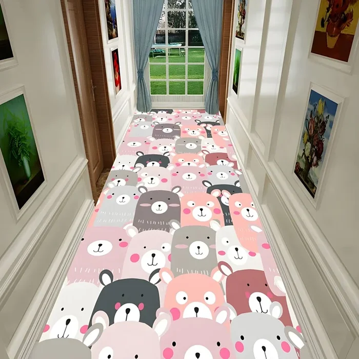 Estilo Infantil Tapete de Poliéster con Patrón de Animales Alfombra Multicolor Antideslizante para Pasillo – Rosa 60 x 100 cm